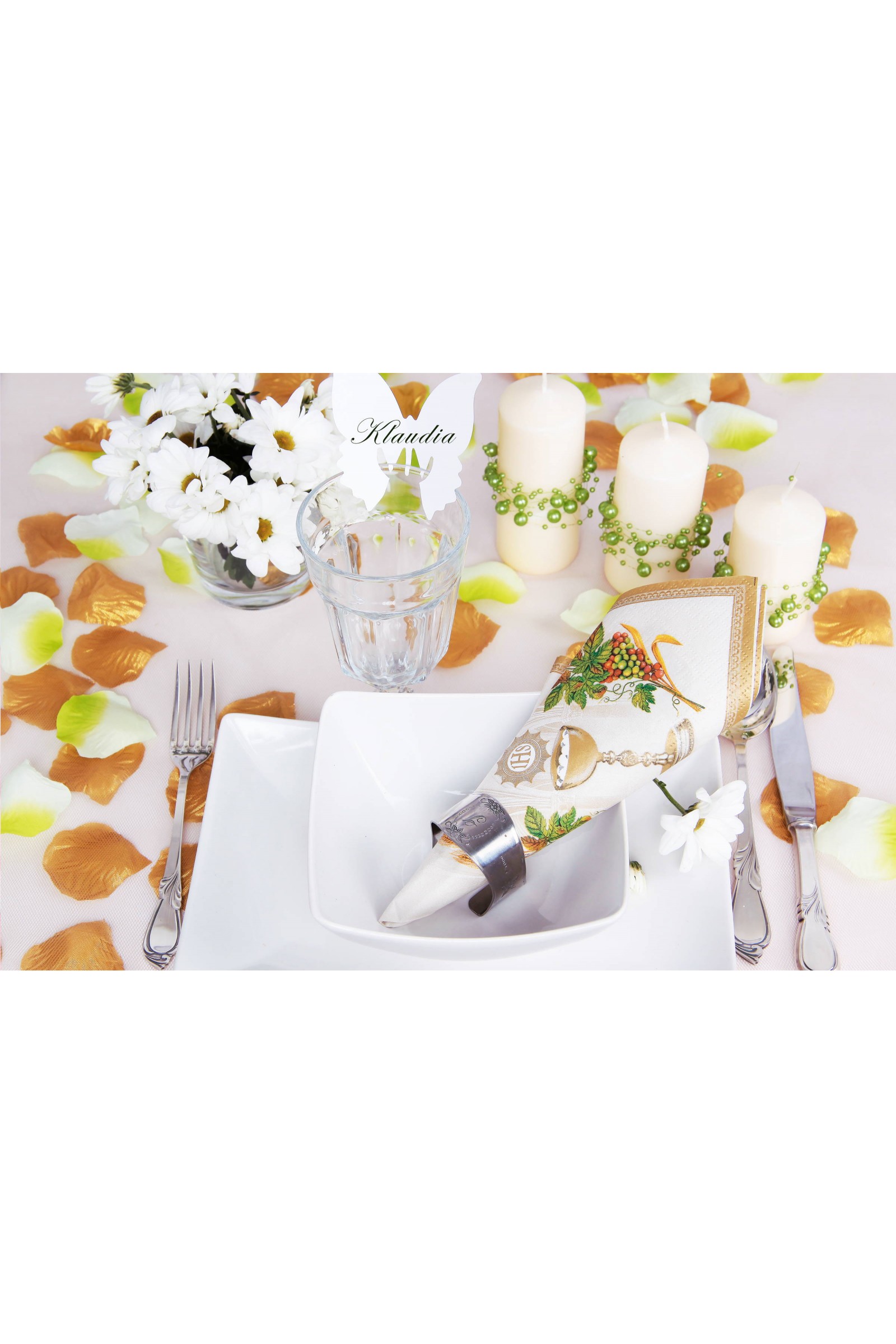 Komunijne ozdoby stołu - zestaw złote i zielone płatki róż - obraz 2