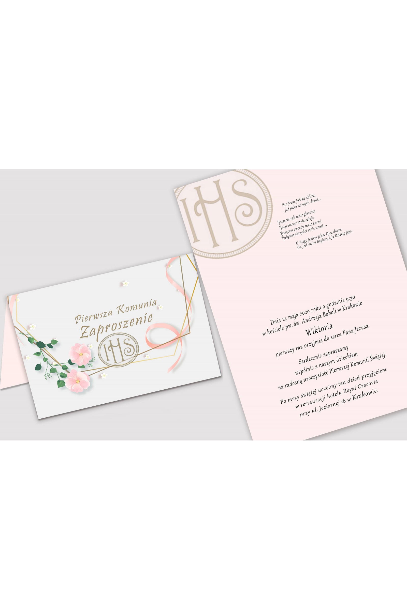 Personalizowane zaproszenia komunijne z zestawów - Różowa wstążeczka - obraz 2