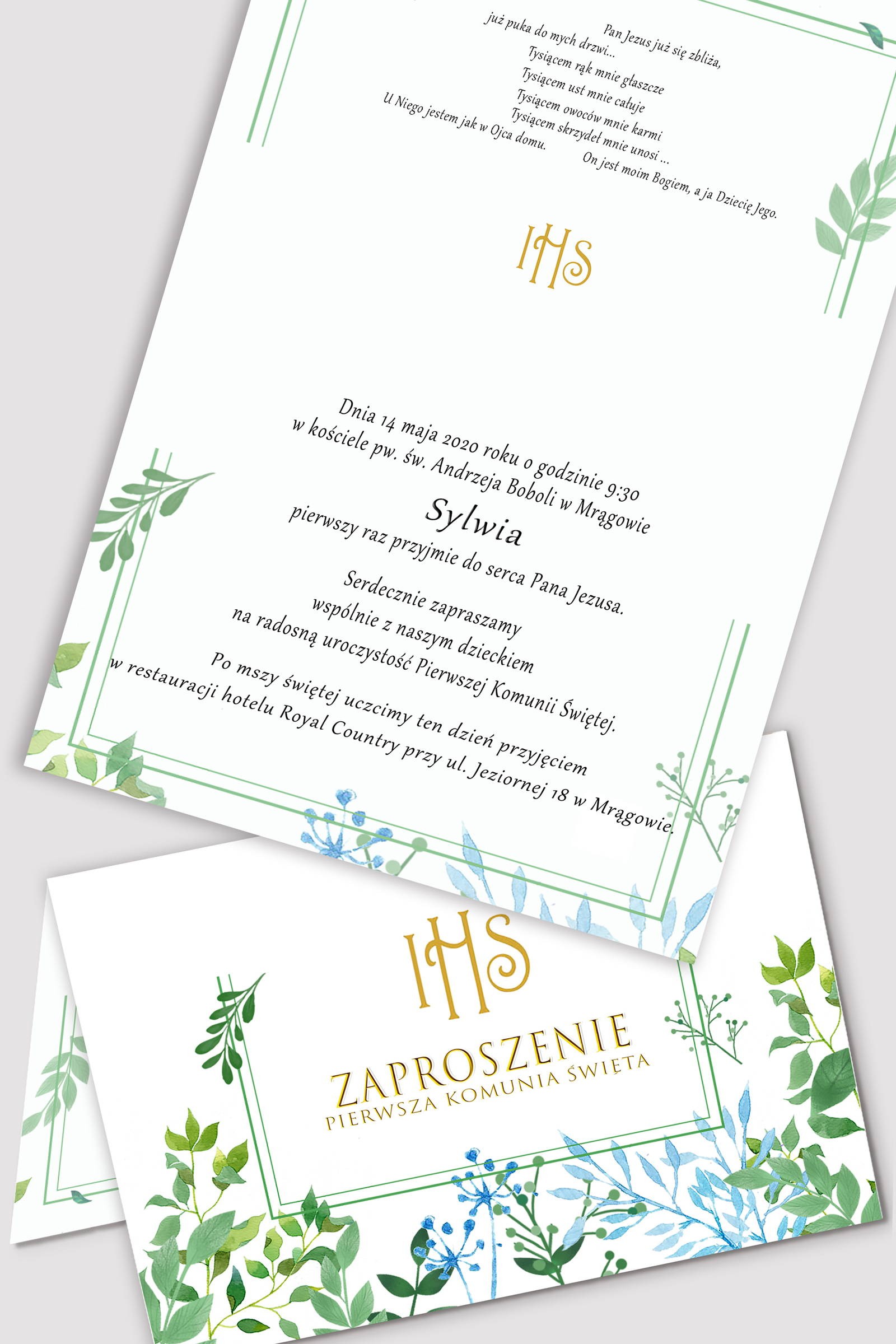 Personalizowane zaproszenia komunijne z zestawów - Wiosenne listki - obraz 0