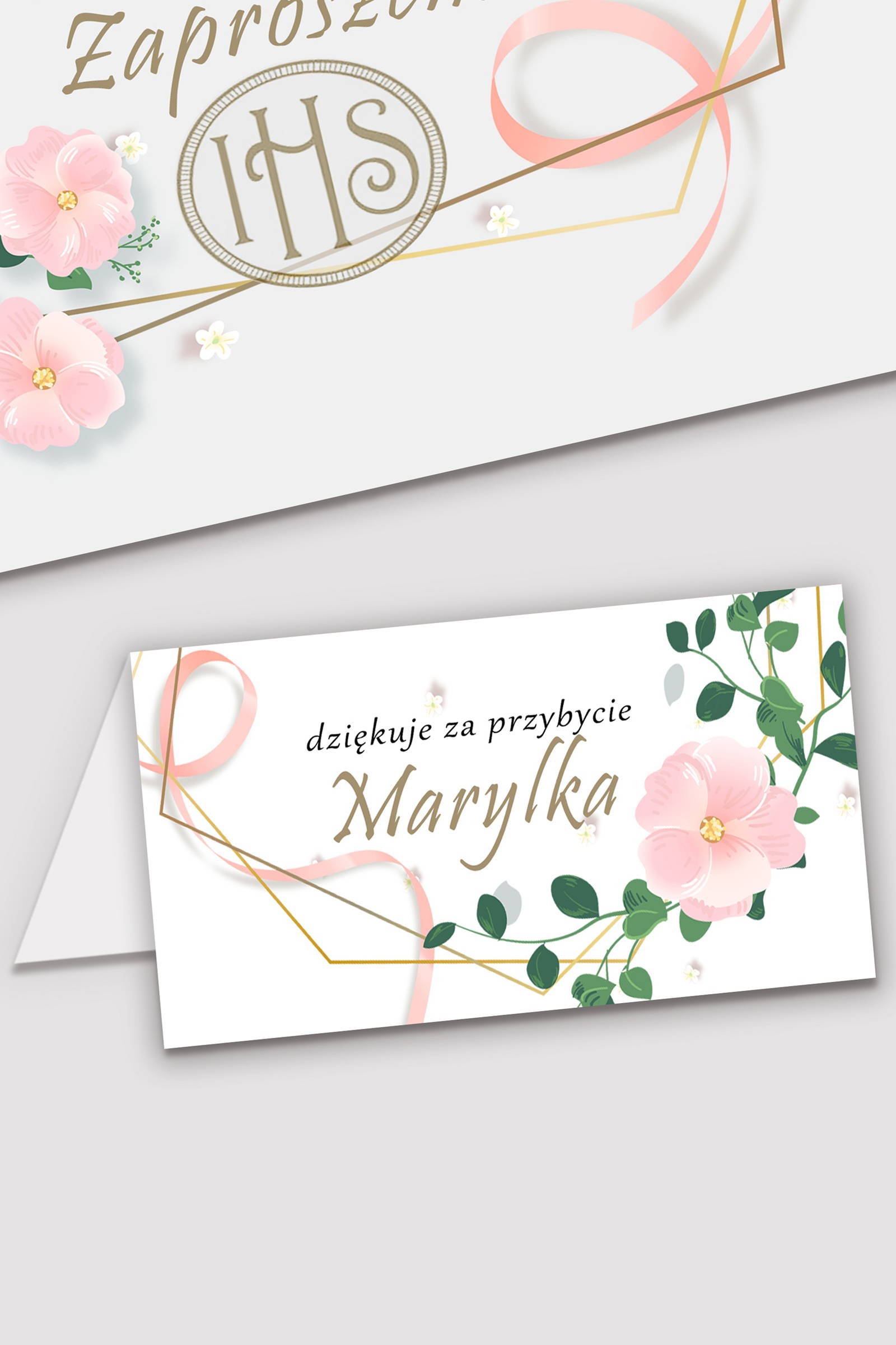 Personalizowane winietki komunijne - Różowa wstążeczka - obraz 0