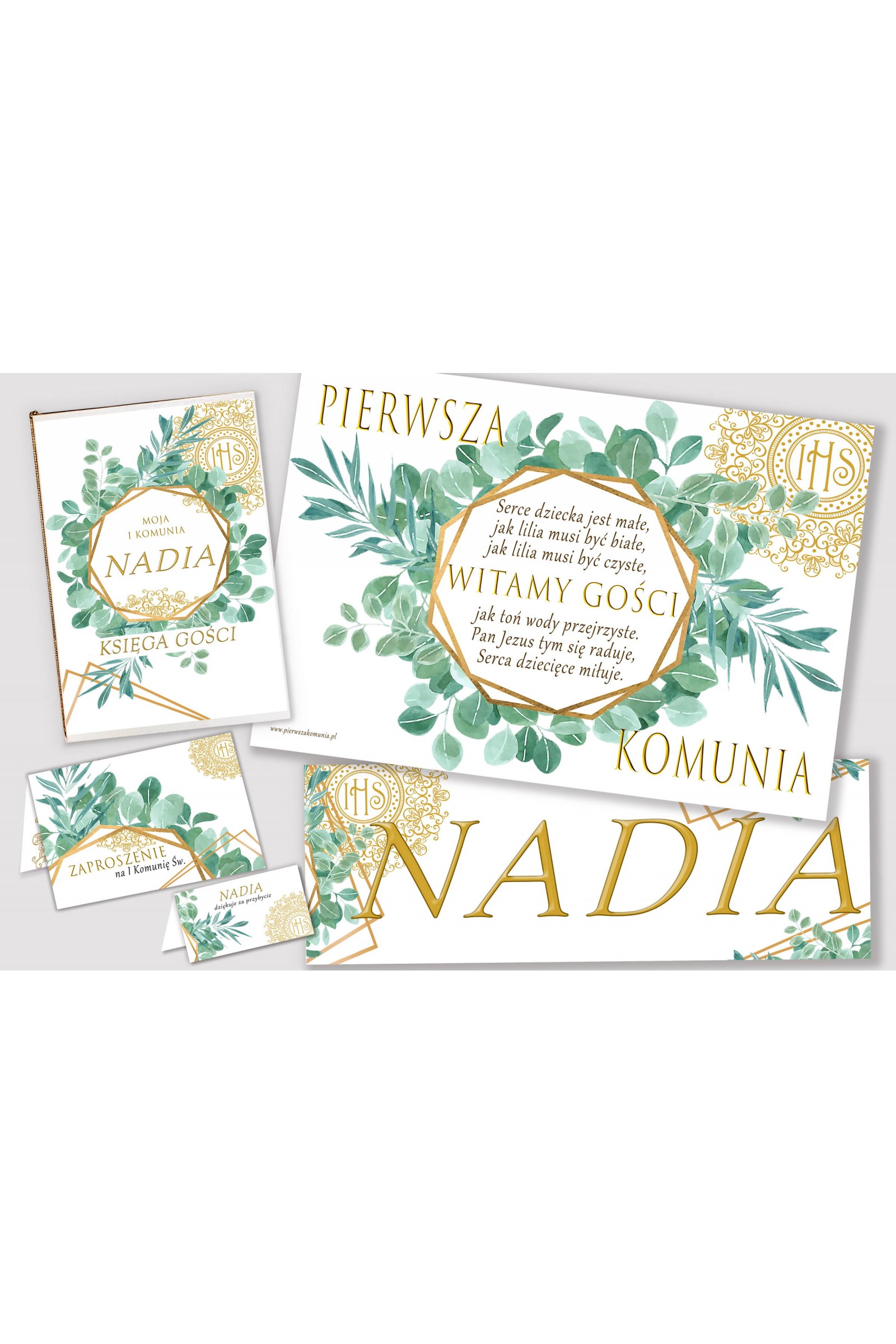 Personalizowany dekoracyjny zestaw komunijny - Finezyjny Eukaliptus - obraz 1