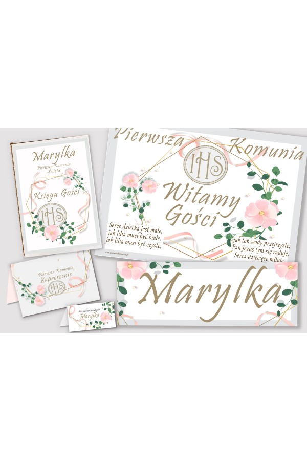 Personalizowany dekoracyjny zestaw komunijny - Różowa wstążeczka - obraz 1