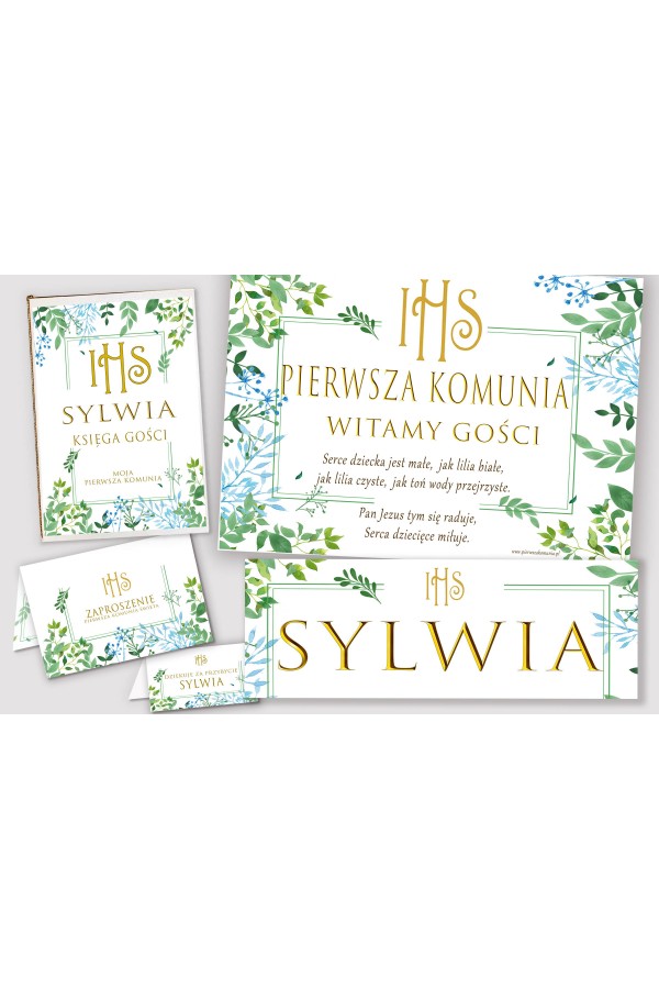 Personalizowany dekoracyjny zestaw komunijny - Wiosenne listki - obraz 1
