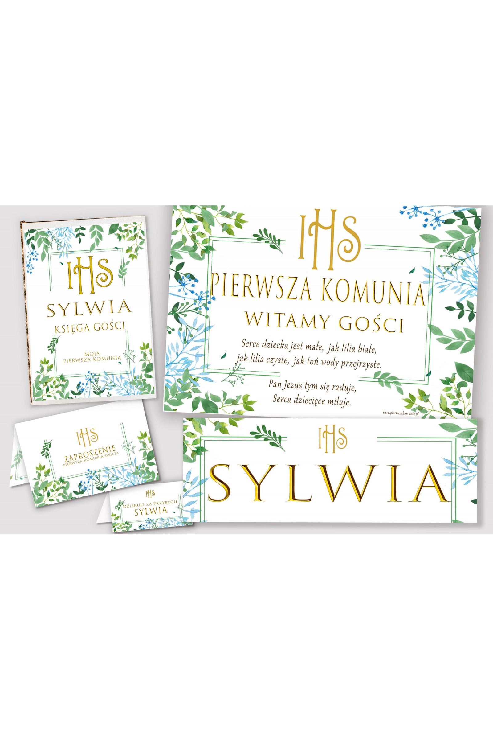 Personalizowany dekoracyjny zestaw komunijny - Wiosenne listki - obraz 1