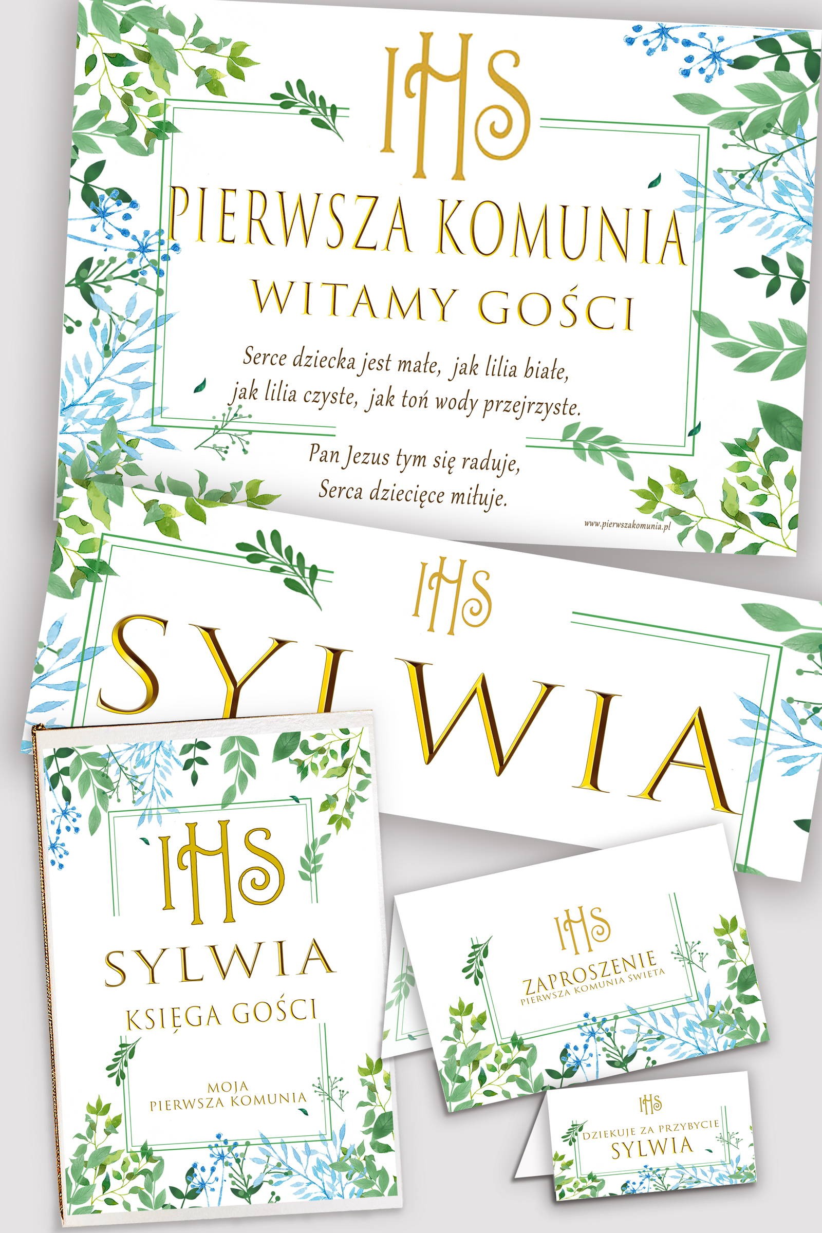Personalizowany dekoracyjny zestaw komunijny - Wiosenne listki - obraz 0
