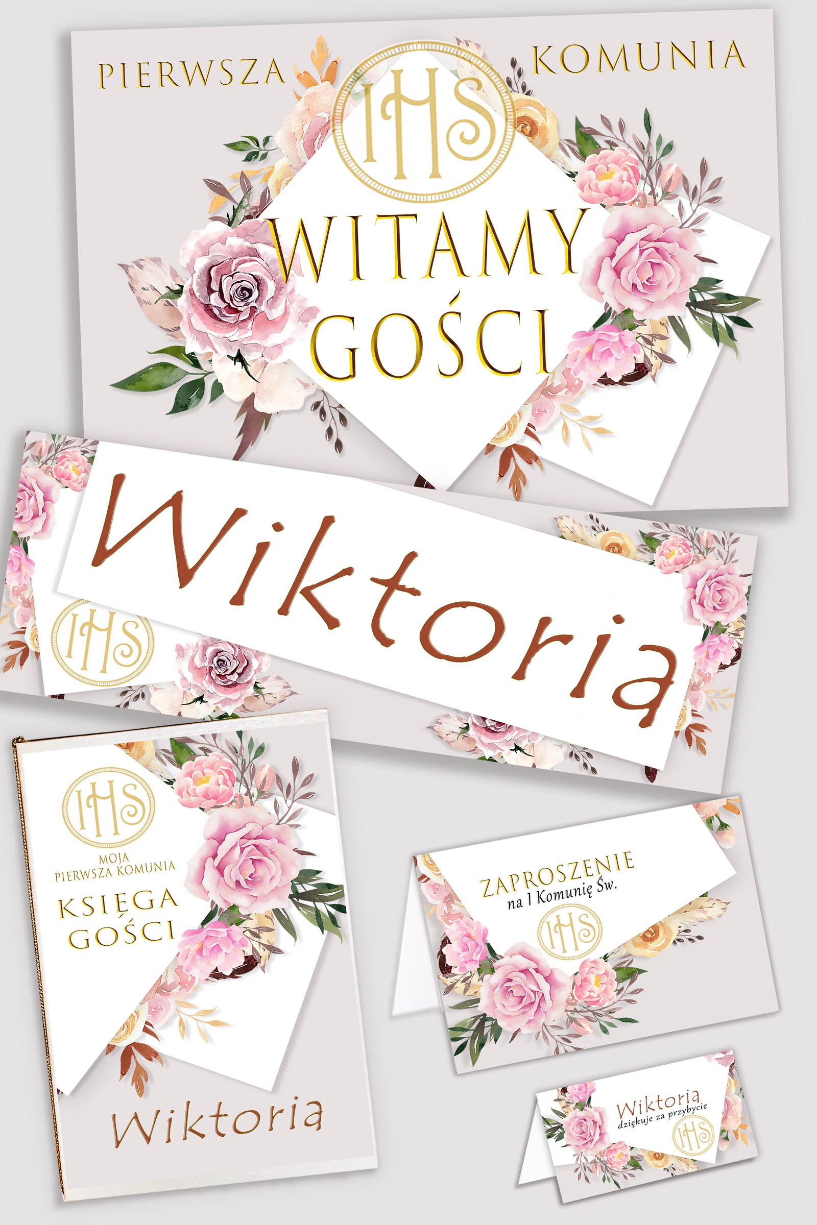 Personalizowany dekoracyjny zestaw komunijny - Piwonia i róża - obraz 0