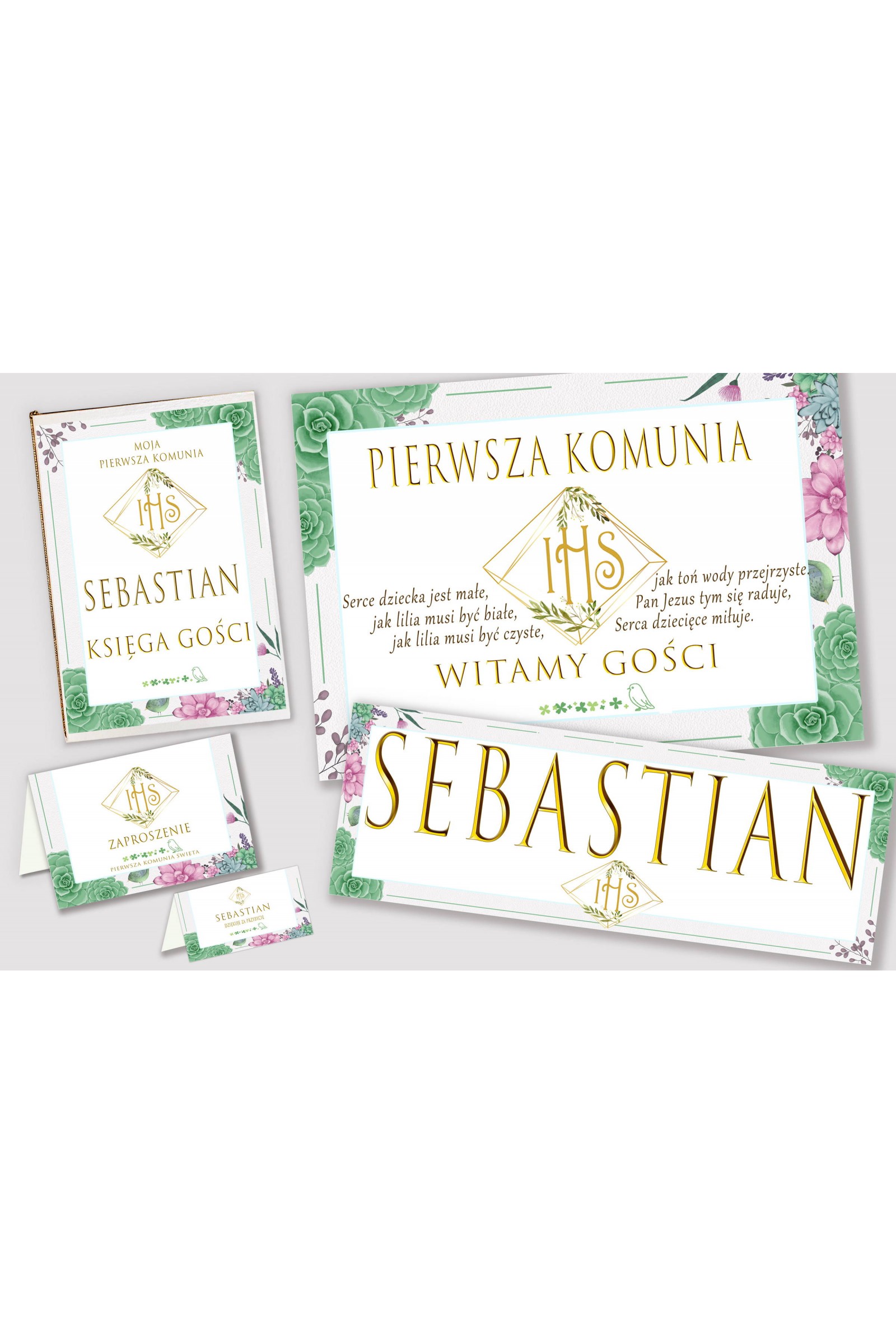 Personalizowany dekoracyjny zestaw komunijny - Diamencik z eukaliptusem - obraz 1