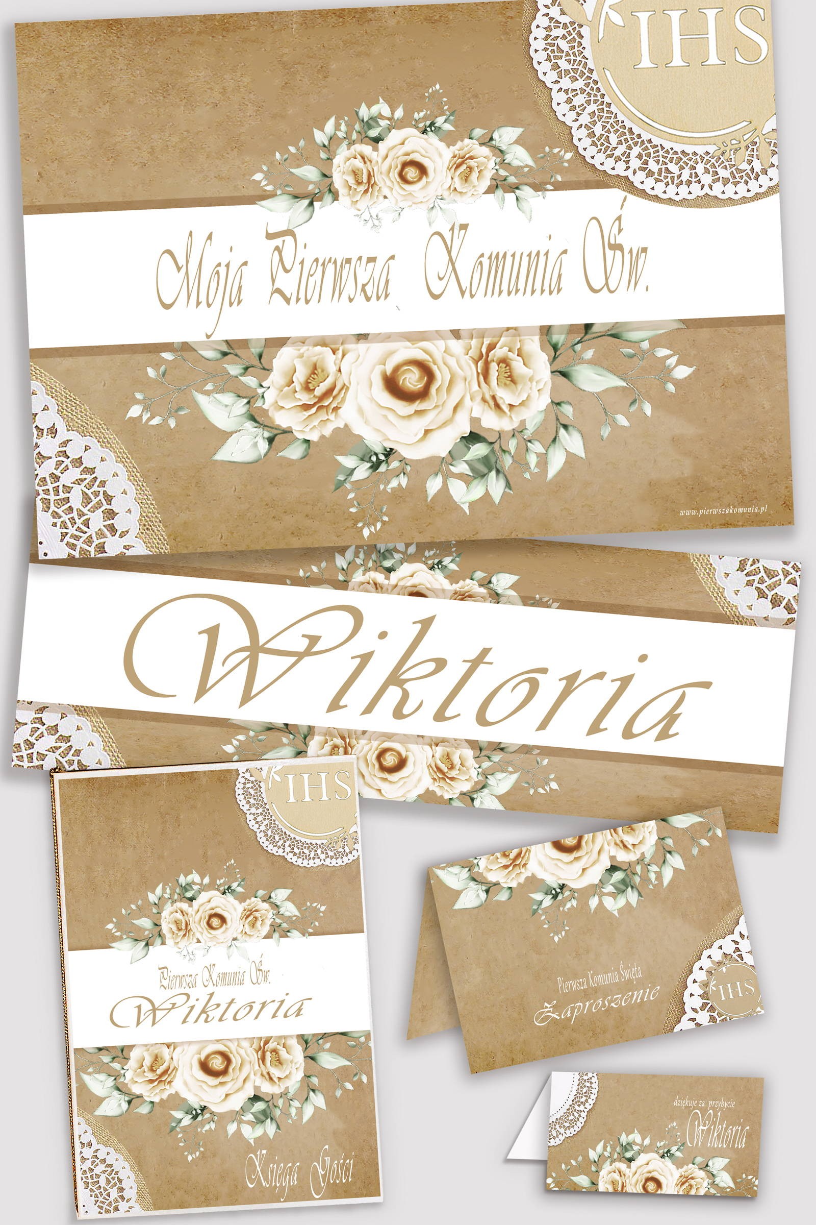 Personalizowany dekoracyjny zestaw komunijny - Pergaminowy beż - obraz 0