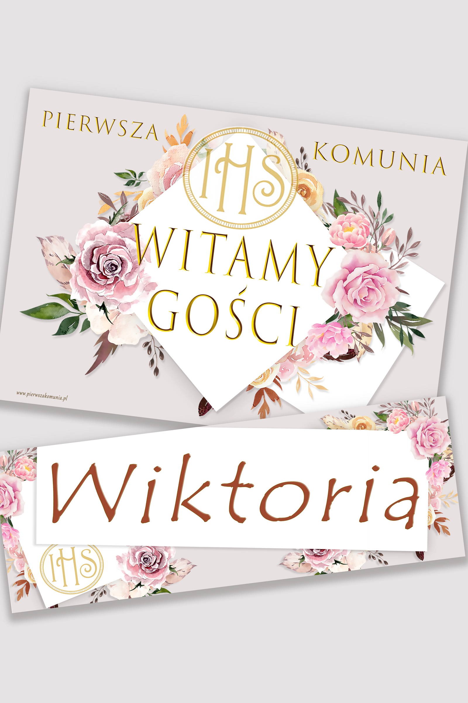 Personalizowany plakat komunijny z imieniem - Piwonia i róża - obraz 0